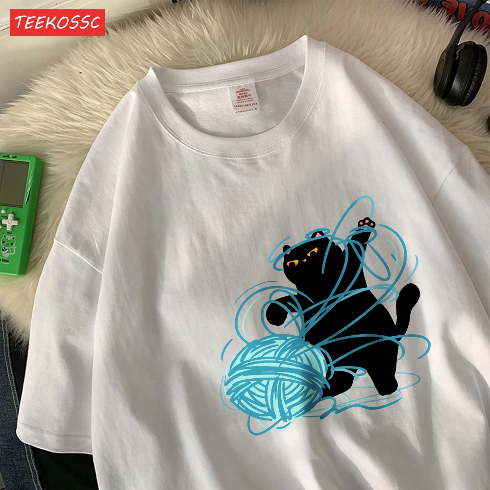 Die kleine Katze aufräumen den String Ballcotton Damen T-Shirts Cartoons Drucke T-Shirt O-Ausschnitt Weiche Oversize Tops Sommerkleidung Image