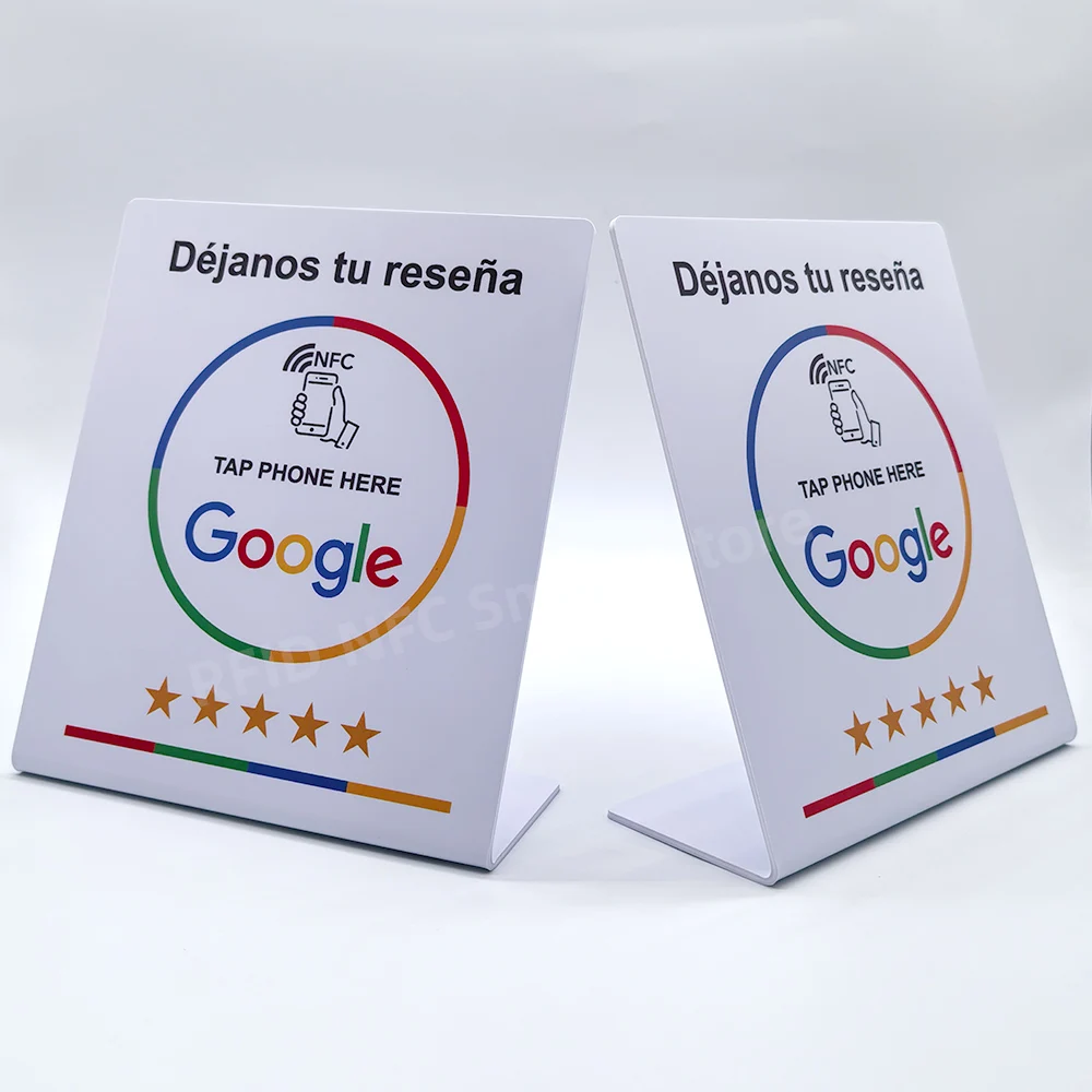 Déjanos tu reseña 13,56 MHz programmierbare Google Review Card NFC-Stationstisch NFC Google Bewertungen Displaykarte stehend Image