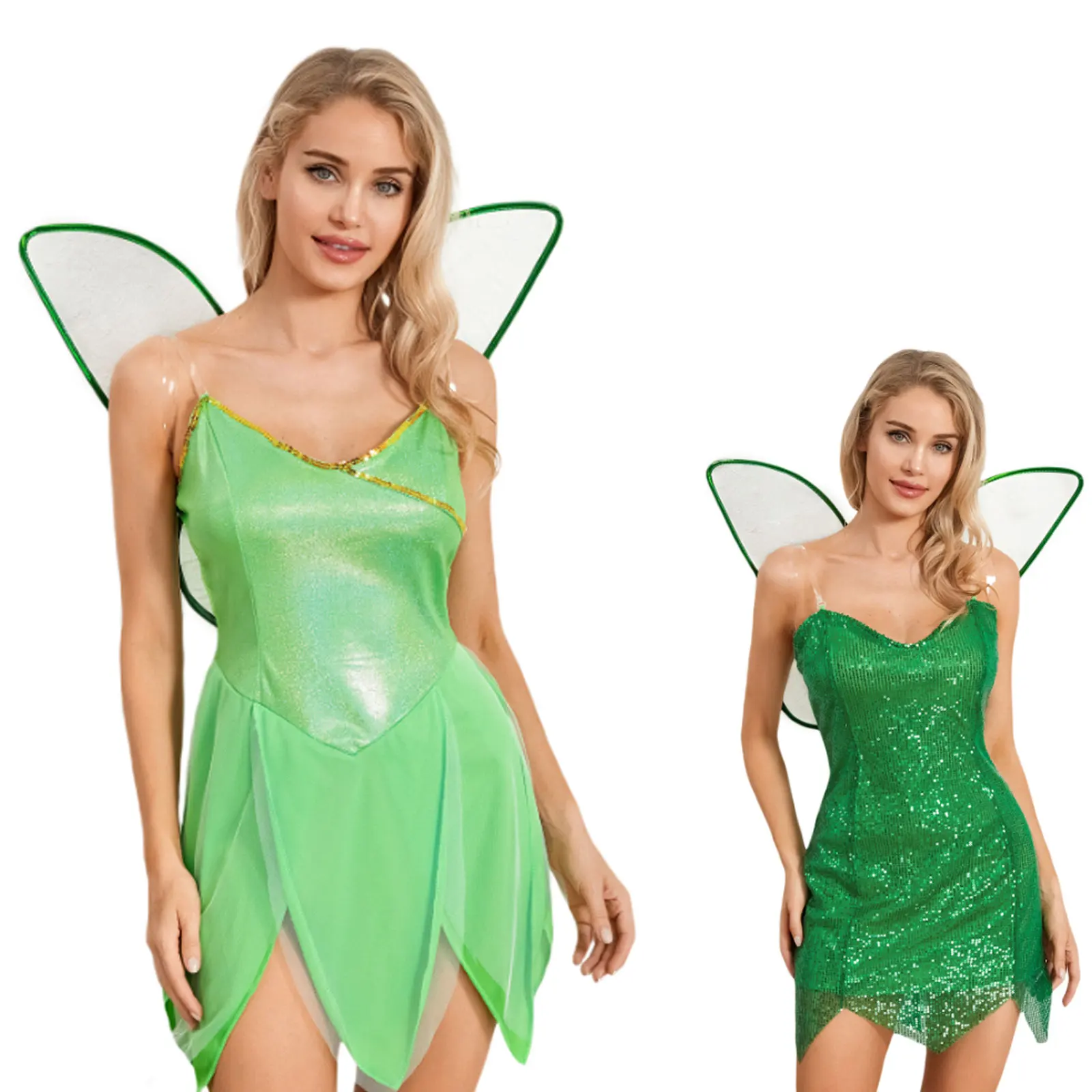 Frauen Halloween Fee Tinkerbell Kostüm Sexy Pailletten Bodycon Kurzes Minikleid Flügel Karneval Cosplay Party Outfits Image