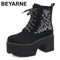 Fashion Flower Platform Boots Chunky Punk Suede Leather Womens Gothic Shoes Nightclub Lace Up Back