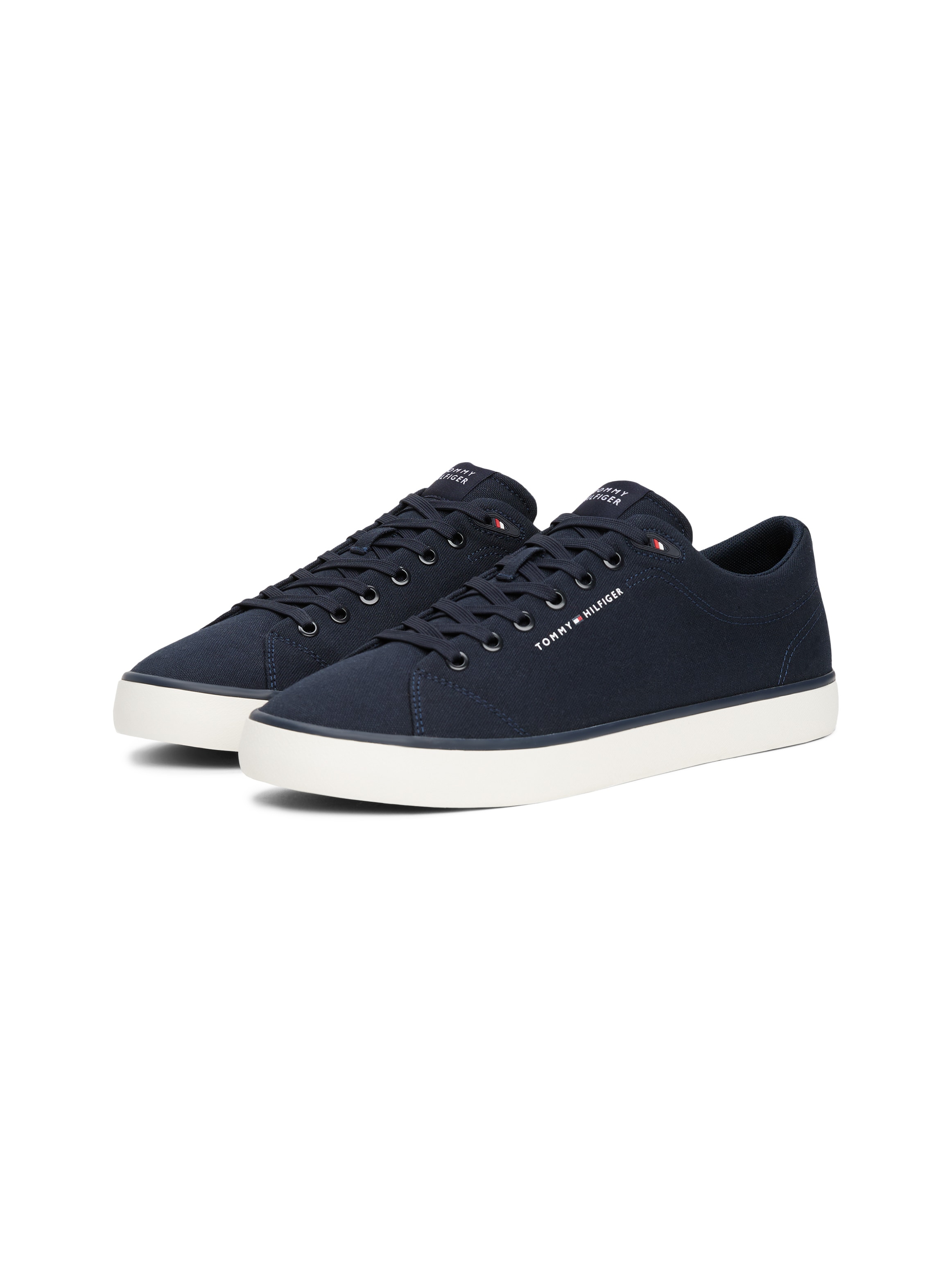 Sneaker TOMMY HILFIGER "TH HI VULC LOW CORE CANVAS", Herren, Gr. 42, blau (dunkelblau), Textil, Schuhe Sneaker, Freizeitschuh, Halbschuh, Schnürer mit weich gepolstertem Schaftrand