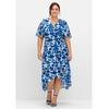 Abendkleid SHEEGO "Große Größen", Damen, Gr. 44, Normalgrößen, blau (kobalt gemustert), Obermaterial: 100% Polyester;Futter: 100% Polyester, gemustert, elegant, figurumspielend lang, V-Ausschnitt, Kurzarm, Kleider, aus Chiffon, in Wickeloptik