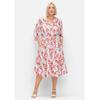Druckkleid SHEEGO "Große Größen", Damen, Gr. 58, Normalgrößen, rosa (rosé gemustert), Obermaterial: 100% Viskose (LENZING ECOVERO), gemustert, feminin, figurumspielend wadenlang, V-Ausschnitt, 3/4-Ärmel, Kleider, mit Blütenprint und Taillen-Tunnelzug