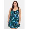 Badekleid SHEEGO "Große Größen", Damen, Gr. 48, Cup C, blau (tiefblau bedruckt), Polyamid, Xtra Life LYCRA, unifarben mit Farbeinsatz, Badeanzüge, mit Blumenprint und integrierter Hose