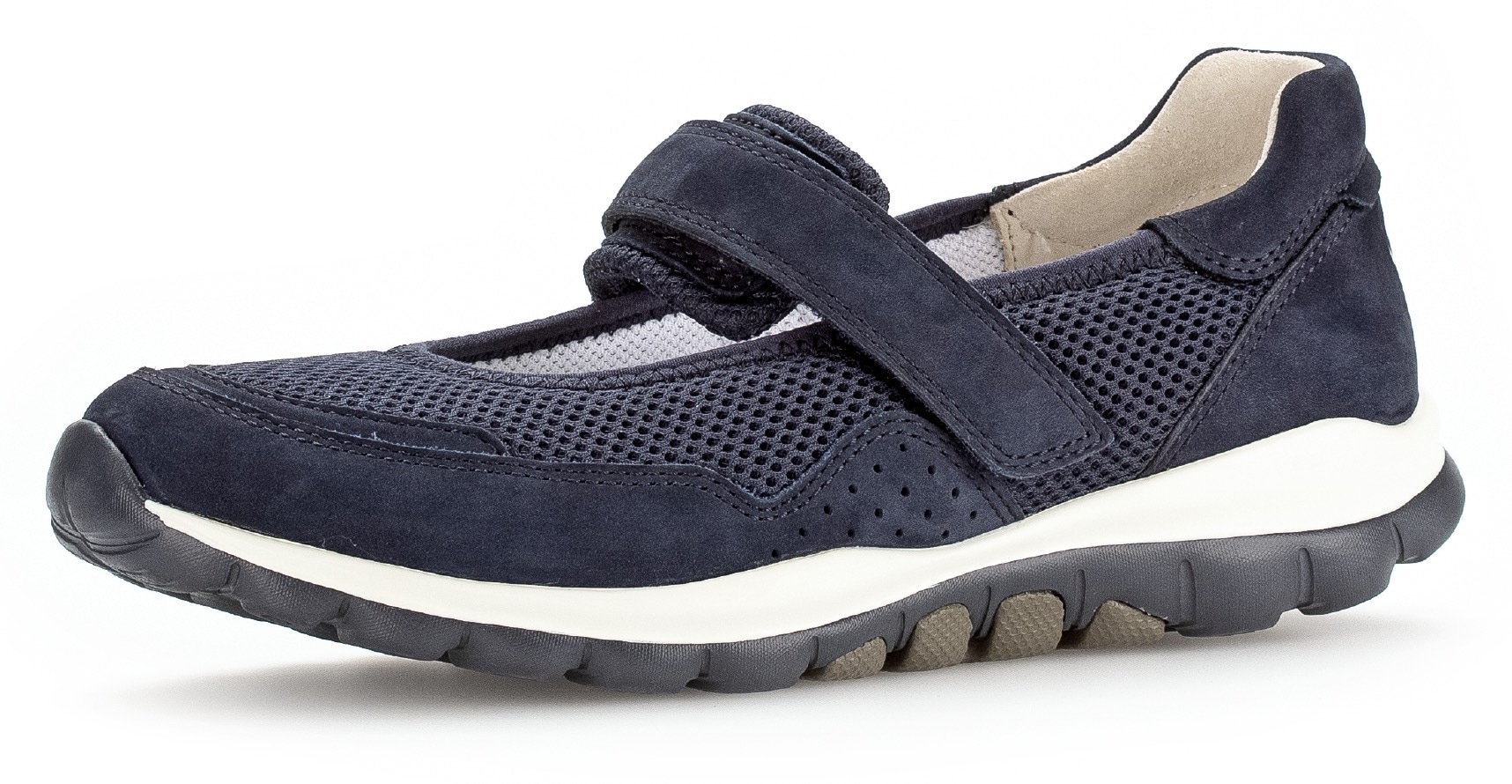 Riemchenballerina GABOR ROLLINGSOFT, Damen, Gr. 37, blau (dunkelblau), Nubukleder, Textil, Schuhe Riemchenballerina, Klettschuh, Freizeitschuh, Komfortschuh mit Lochmuster