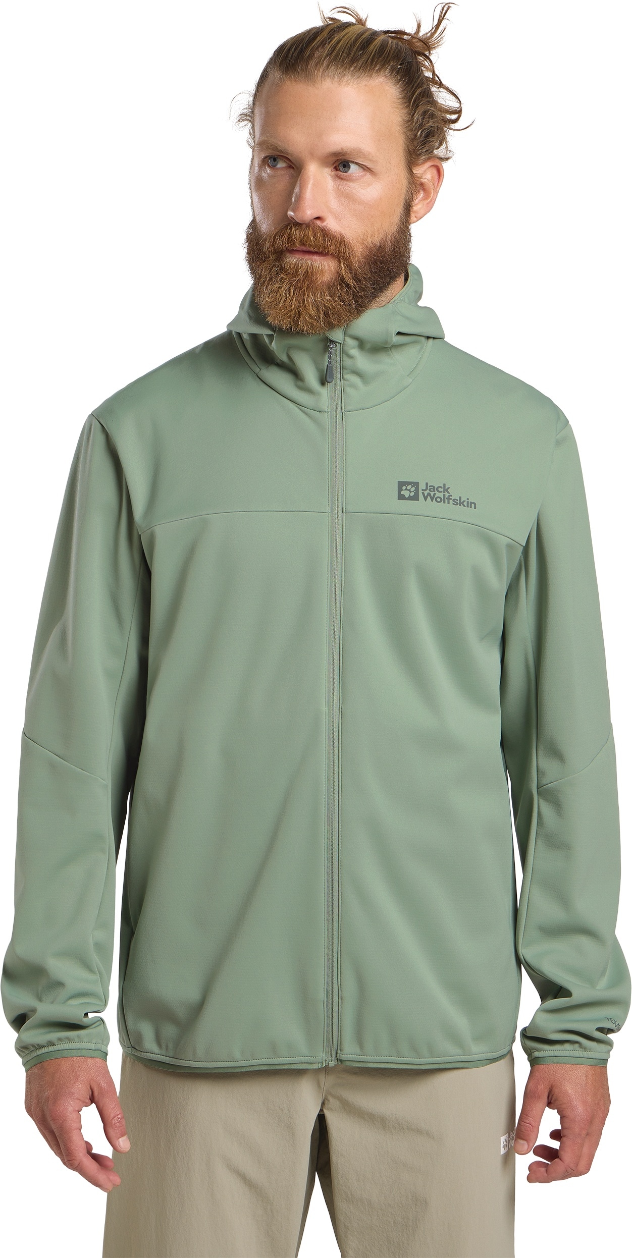 Softshelljacke JACK WOLFSKIN "FELDBERG HOODY M", Herren, Gr. L (52), grün (eucalyptus), Obermaterial: 100% Polyester; Futter: 100% Polyester, Jacken Softshelljacke