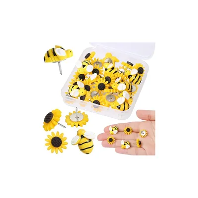 30PCS/Box Sunflower and Honey Bee Push Pins Spring Decoration Sunflower Thumb Tacks Decorative Flower Cork Board Tacks for Bulle