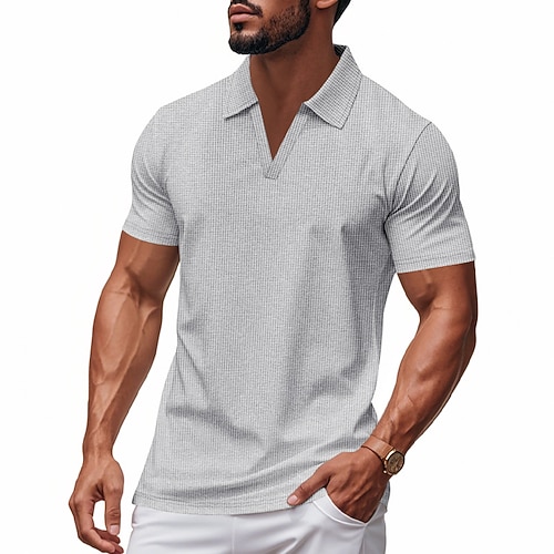 Herren Waffel-Poloshirts Textur Geschäft Lässig V Ausschnitt Kurzarm Mode Basic Einfarbig Knöpfe Sommer Frühling Herbst Normale Passform Schwarz Weiß Königliches Blau Hellgrau Beige Image