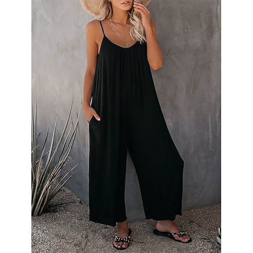 Damen-Jumpsuit aktiv einfarbig ärmellos U-Ausschnitt Urlaub täglich lockere Passform Schwarz Armeegrün Rot Sommer Image