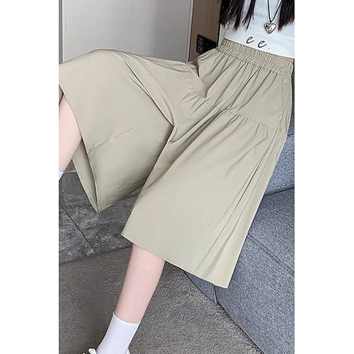 Damen Shorts aus Baumwollleinen Hose aus Baumwollleinen Weites Bein Shorts Mode Streetwear Knielang Natürliche Taille Einfach Tasche Elastischer Bund Atmungsaktivität Bequem Mikroelastisch Urlaub Image
