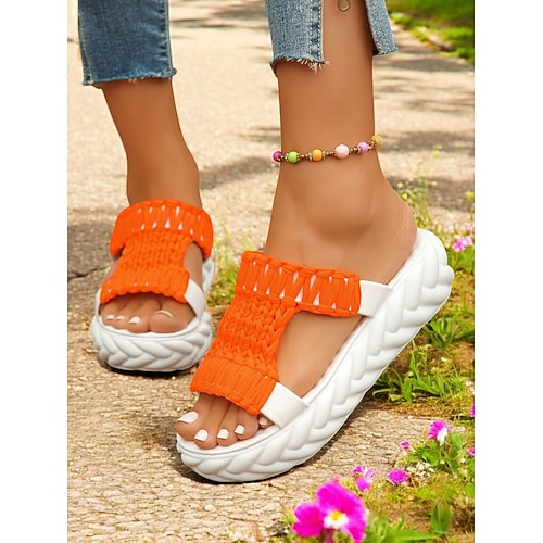 Gewebte Plateausandalen für Damen – trendige gelbe Pantoletten mit offener Spitze, bequeme Sommerschuhe für die Freizeit und den Urlaub Image