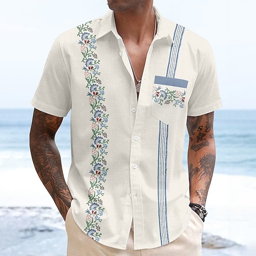 Herren Gestreift Blumendruck Blumen Guayabera Hemd Sommer Hawaiihemd Knopfhemd Kurzarm Hawaiianisch Urlaub Alltagskleidung Strandbekleidung Sommer Frühling Umlegekragen Hemden mit Kragen Eine Tasche Image