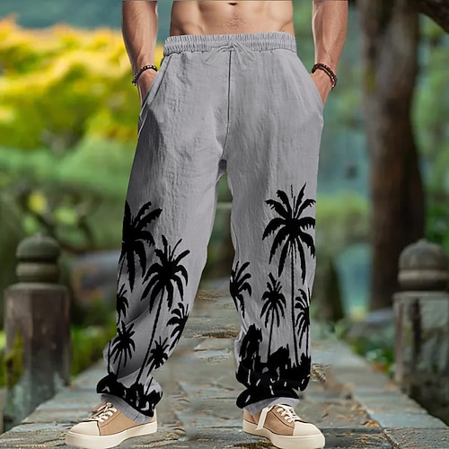 Herren Leinenhosen Hose Sommerhose Baggy-Hosen Kordelzug Elastischer Bund Gerader Schnitt Kokospalme Komfort Atmungsaktiv Volle Länge Yoga Täglich Laufen Mode Retro Vintage Schwarz Weiß Image