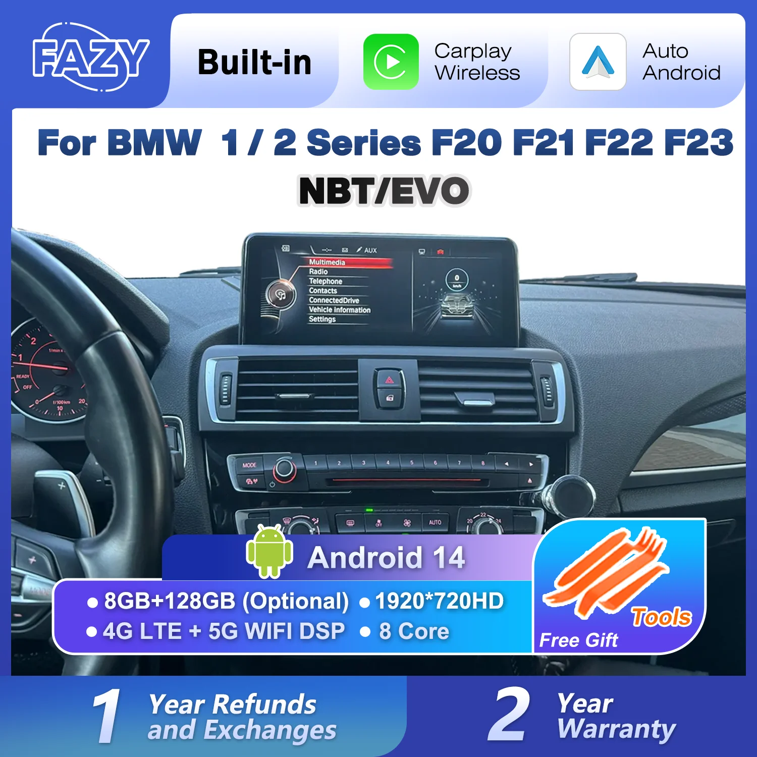 Android 14 Kabelloses Carplay für BMW 1er 2er Serie F20 F21 F22 F23 Auto-Stereoanlage Touchscreen Autoradio-Player 4G GPS-Navigation Image