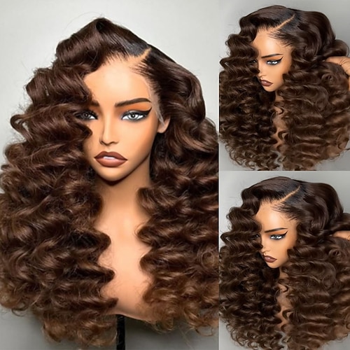 Brasilianisches Remy-Menschenhaar, klebefrei, 5 x 5 Zoll, Lace-Closure-Perücke mit Babyhaar, Ombre-farbige Lace-Frontalperücke, lose, tiefe Welle, vorgezupft für Frauen Image