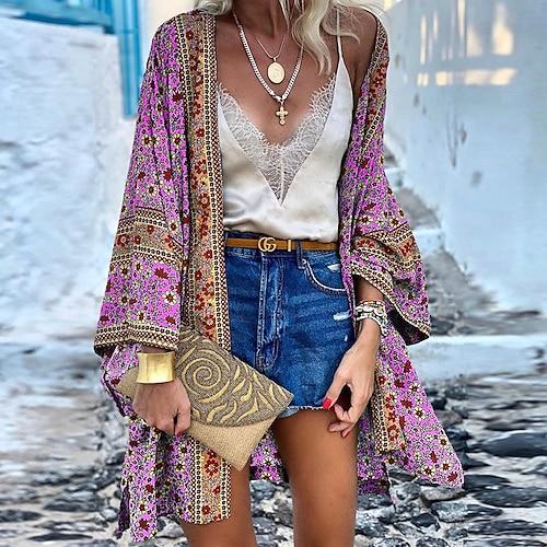 Damen Bluse Blume Modern Brautkleider schlicht Langarm Asymmetrisch Lange Oberteile Täglich Festtage Ausgehen Bedruckt Gelb Rosa Purpur Grün Sommer