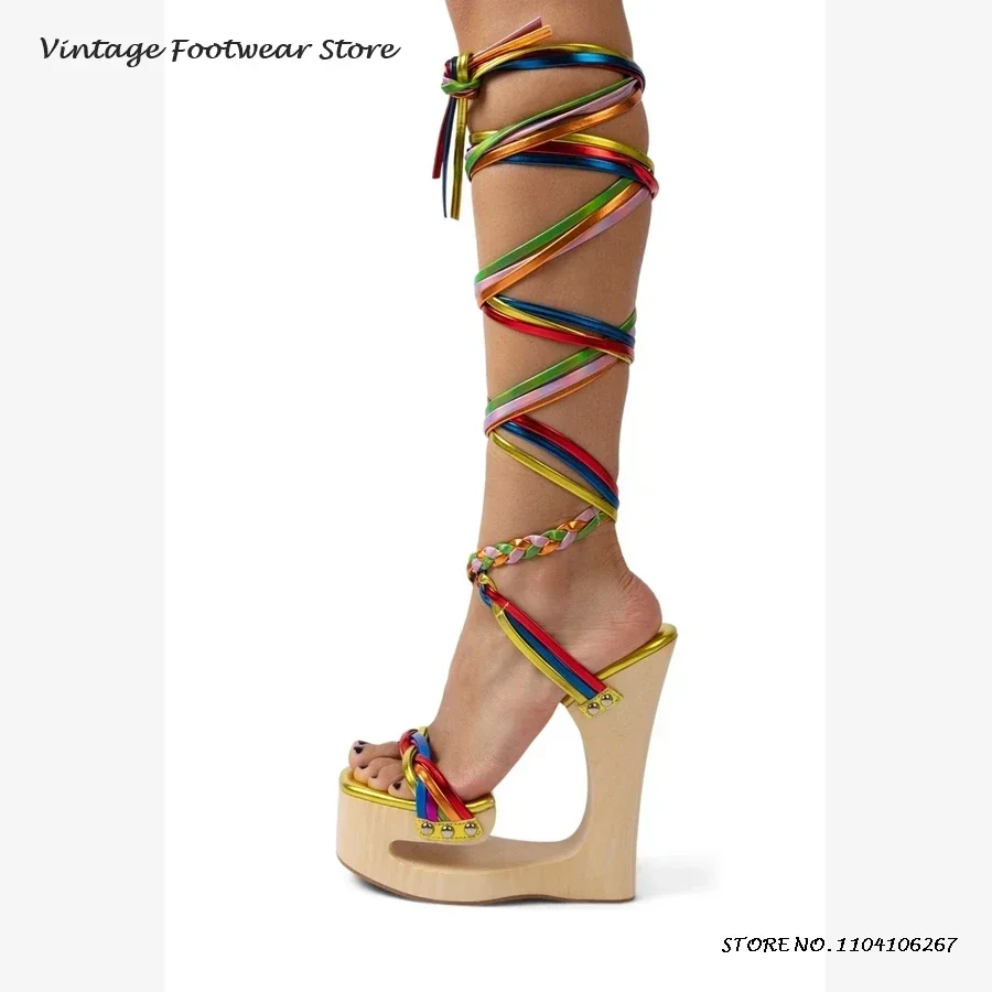 Geformte Holzkeile, Kreuzriemen-Sandalen, kniehohe Multi-Riemen-Wickel-High-Heels, Sommer, runde, offene Zehen-Plateauschuhe Image