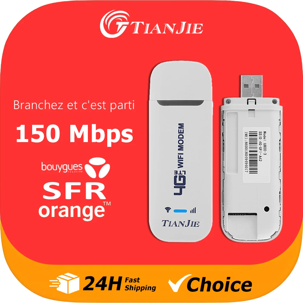 TIANJIE-Routeur portable Plug and Play avec réseau haute vitesse, U800, 4G Permanence, USB, Modem WiFi, 62by Power Bank, 150Mbps(Orange/SFR/Bouygues Telecom Compatible)