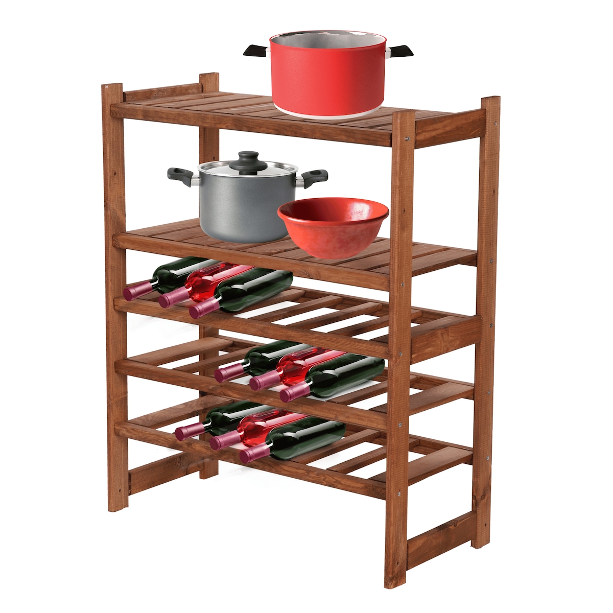 PROREGAL Weinregal SPREEWALD HxBxT 86x70x33cm 18 Flaschen auf 3 Ebenen + 2 Ablagen Massives Kiefernholz Braun Flaschenregal Weinständer Holzregal Image