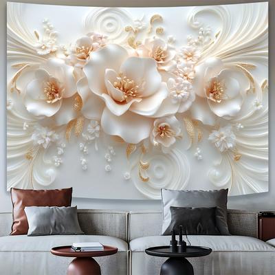 TEMU Elegant 3d Floral Wallpaper With Stretch Ceiling Design - White And , Luxurious Home Decor For Living Room And Bedroom, Room Decor Image