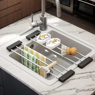 TEMU Adjustable Kitchen Sink Rack For Storing Cloths, Sponges, Bottles, And Brushes - Heat-resistant Stainless Steel With Ultra-thin, Design And Multifunctional Silicone Bracket Image