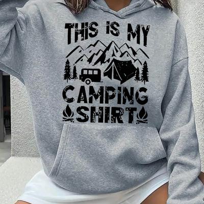 "TEMU 1pc Women's Casual Sports Hoodie With " Camping Shirt" Print, Geometric Mountain And Tent Design, Polyester Knit Fabric, Pullover With Kangaroo Pocket" Image