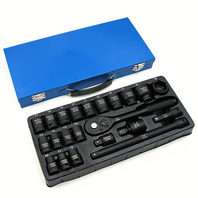 "TEMU 1/2" Drive Socket Set, 22pcs Standard 1/2" Impact Socket Set, 6-point Standard Metric Sizes (10-32mm) | Cr-, Blue Box" Image