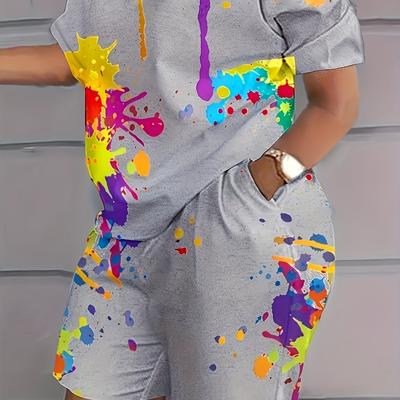 TEMU Trendy Two-piece Set - Vibrant Splash Ink Print With Crew Neck Top & Pockets Shorts - Comfortable Womens Outfit Image