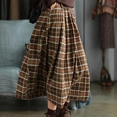 TEMU Vintage A-line Skirt With Pockets - Loose Fit, Elastic Waist, Brown & Beige Tartan Design, Versatile For All , Hand Wash Only, Attire, Retro Fashion, No Stretch Fabric Image