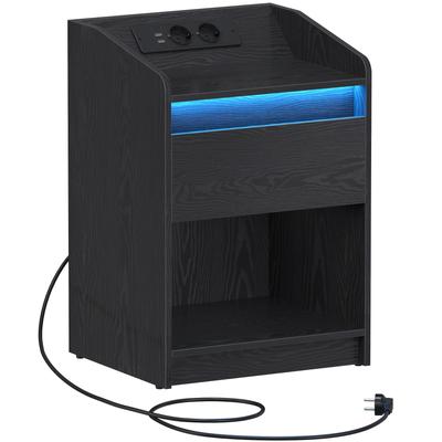 TEMU Bedside Table With Led Light, Side Table With Charging Station, 1 Storage Drawer Bedside Table For Bedroom, Living Room, 2 Usb Ports, 2 Sockets, Open Compartment, Image