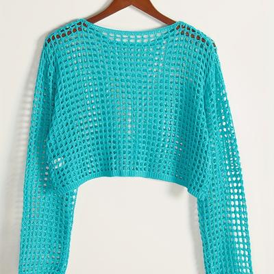 TEMU Women's Casual Solid Color Crochet Top - Semi-sheer Breathable Summer Shirt With Round Neck, Hand Wash Only, Lightweight Clothing, Elegant Texture, Medium Stretch Fabric Image