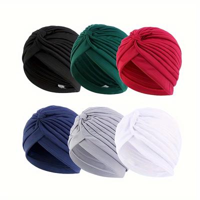 TEMU 6-pack Assorted Colors Turban Caps With Pleated Bowknot, Head Wraps For Women, Stretchable Fashion Headwear, Casual Wear And Chemo Patients Image