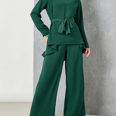 TEMU 2 Pcs Solid & Pants Set, Long Sleeve Hem Belted Top & Straight Leg Pants Outfits, Women's Clothing Image