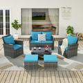 6 Pieces Outdoor Patio Furniture Set Wicker Sectional Sofa Set with Ottomans and Glass Coffee Table Waterproof Patio Conversation Sets with Cushions for Garden Porch Light Blue