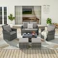 6 Pieces Outdoor Patio Furniture Set Wicker Sectional Sofa Set with Ottomans and Glass Coffee Table Waterproof Patio Conversation Sets with Cushions for Garden Porch Light Gray