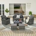 6 Pieces Outdoor Patio Furniture Set Wicker Sectional Sofa Set with Ottomans and Glass Coffee Table Waterproof Patio Conversation Sets with Cushions for Garden Porch Dark Gray