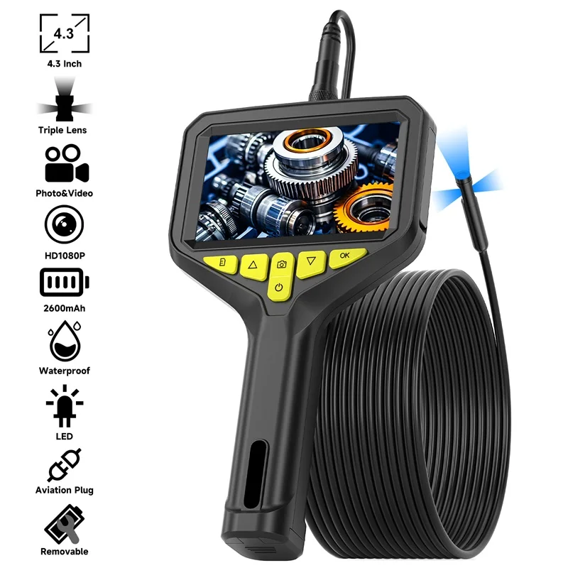Industrielles Endoskop, 4,3-Zoll-Bildschirm, HD1920P, Autofokus, HD1080P, einzelne Dual-Dreifachkamera, Auto-Inspektion, Endoskop, abnehmbarer Akku Image