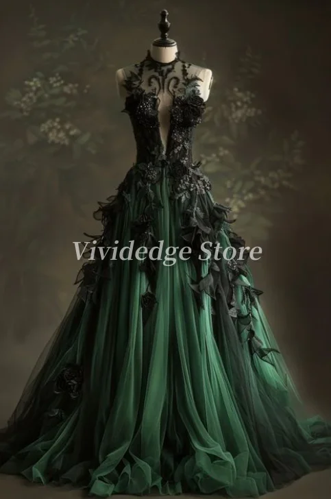 Customized A-line Green Black Tulle Long Prom Dresses Back Lace Applique Formal Evening Party Gowns Dresses 2025