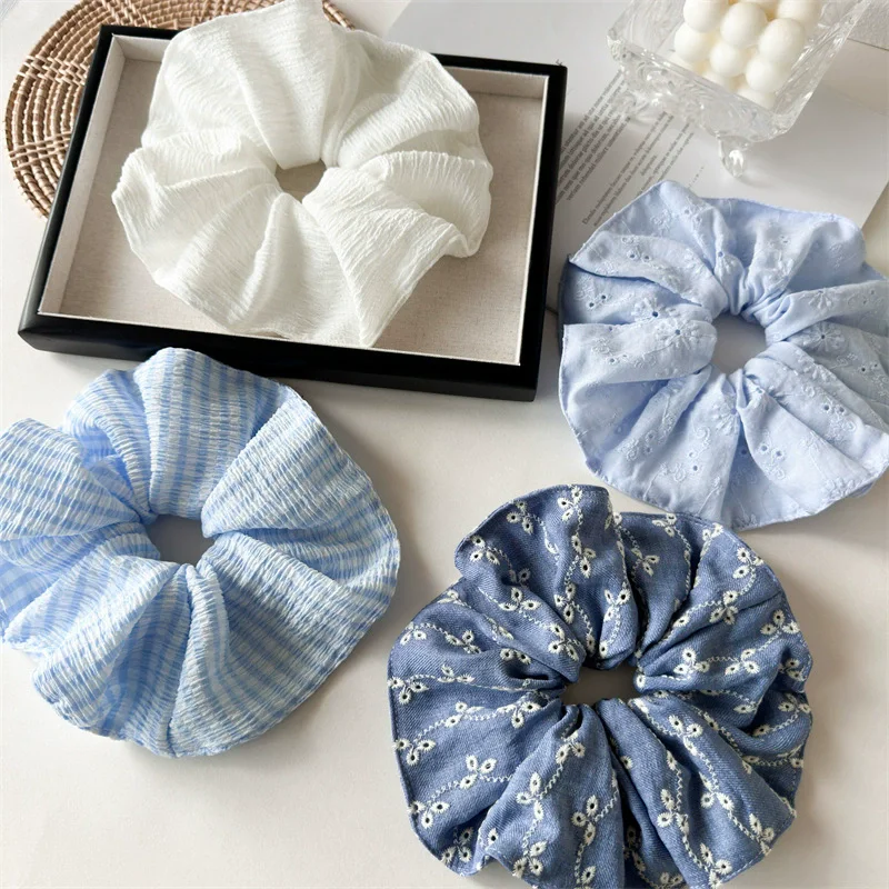 Niche Design 2025 New Fashoin Blue Hollow Stripe Elastic Hair Rope Simple Sweet Fabric Scrunchie Hair Accessories For Woman Girl Image