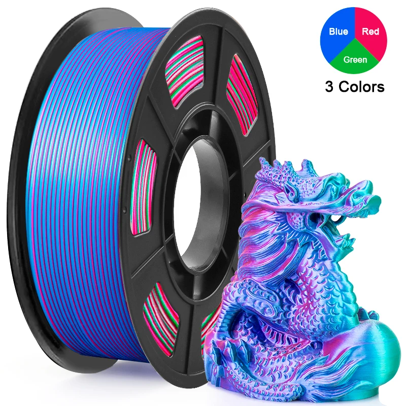 Tricolor Silk PLA 3D-Drucker-Filament, 1,75 mm mehrfarbiges 3D-Druckfilament, rotes, blaues und grünes Filament, 250 g (0,55 lbs) Image
