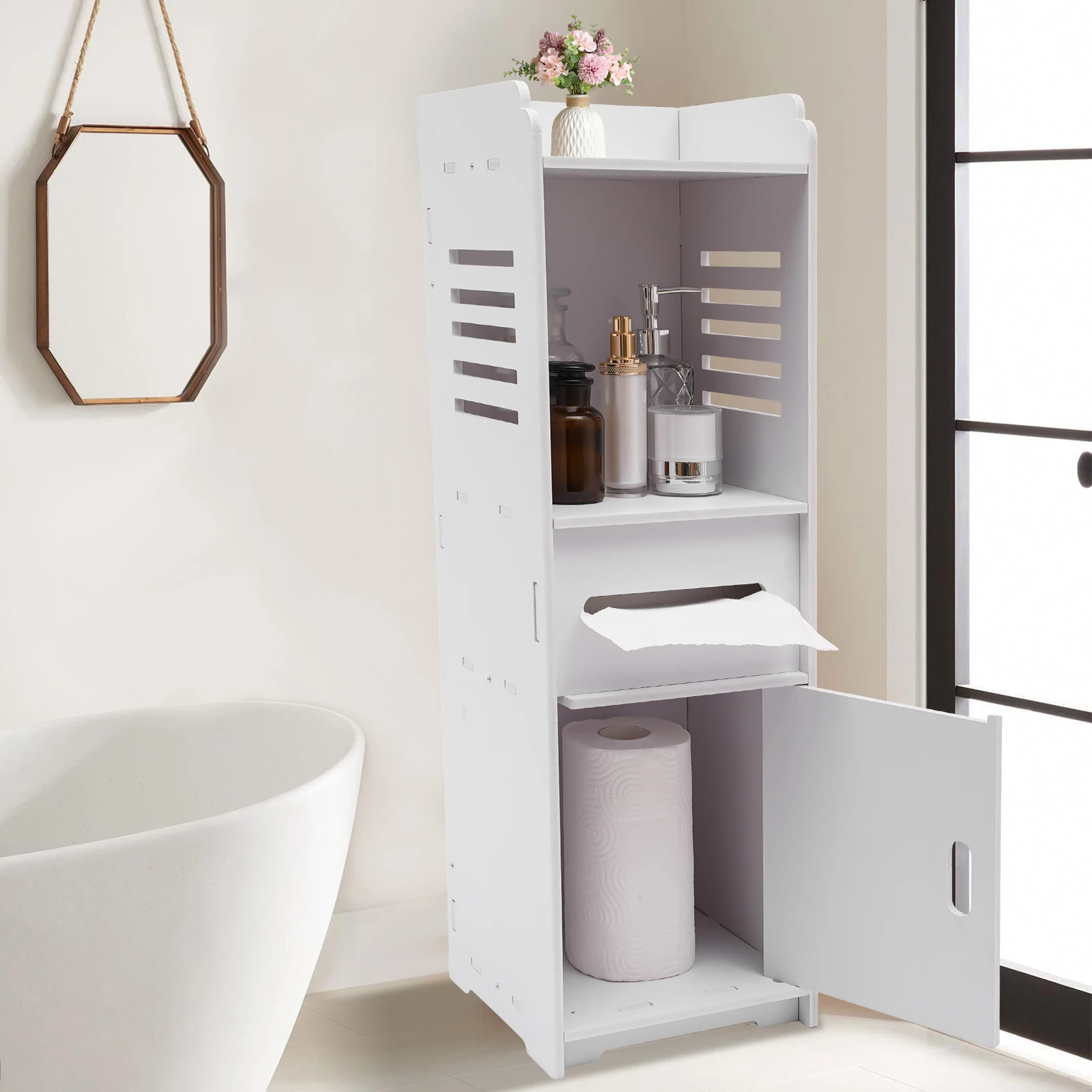 4-stufiger rechteckiger Badezimmerschrank, weißes freistehendes Lagerregal, Mehrzweck-Aufbewahrungsschrank, Badezimmerschrank, 24 x 24 x 80 cm