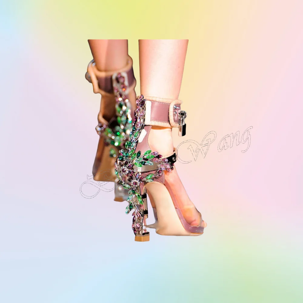 Rosa Zurück Kristall Dekor Sandalen Runway Stil Metall Dekor PVC Runde Kappe High Heel Schuhe für Frauen Schuhe Neue Zapatos Para Mujere