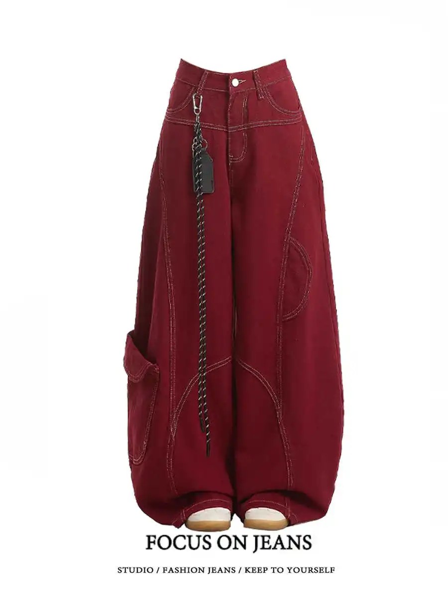 Straße Vintage Jeans Neue Y2K Harajuku Waschen Rot Streetwear Baggy Jeans Denim Hosen Herren Damen Hohe Taille Breite Hosen 2025