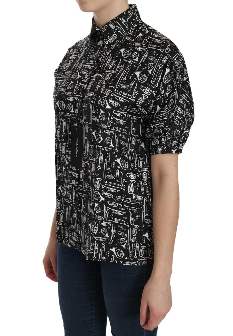 Dolce & Gabbana Damen Schwarze Bluse mit Musikinstrument-Kragen Image