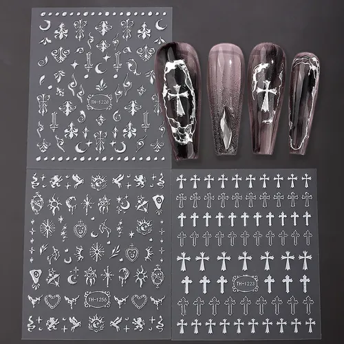Autocollants 3D en métal argenté pour Nail Art, étoiles métalliques gothiques Y2K, soleil, lune,