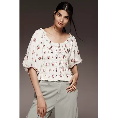 By Anthropologie Puff-Sleeve Smocked Floral Print Blouse