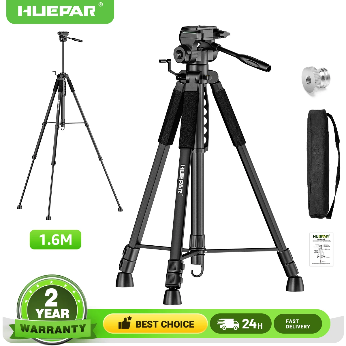Huepar-Stativ für Lasern iveau 1,6 m/62.99 ''Ständer höhen verstellbar mit drehbarem Pfannen kopf, 1/4", 1/2''mount & Level Bubble T16a Image