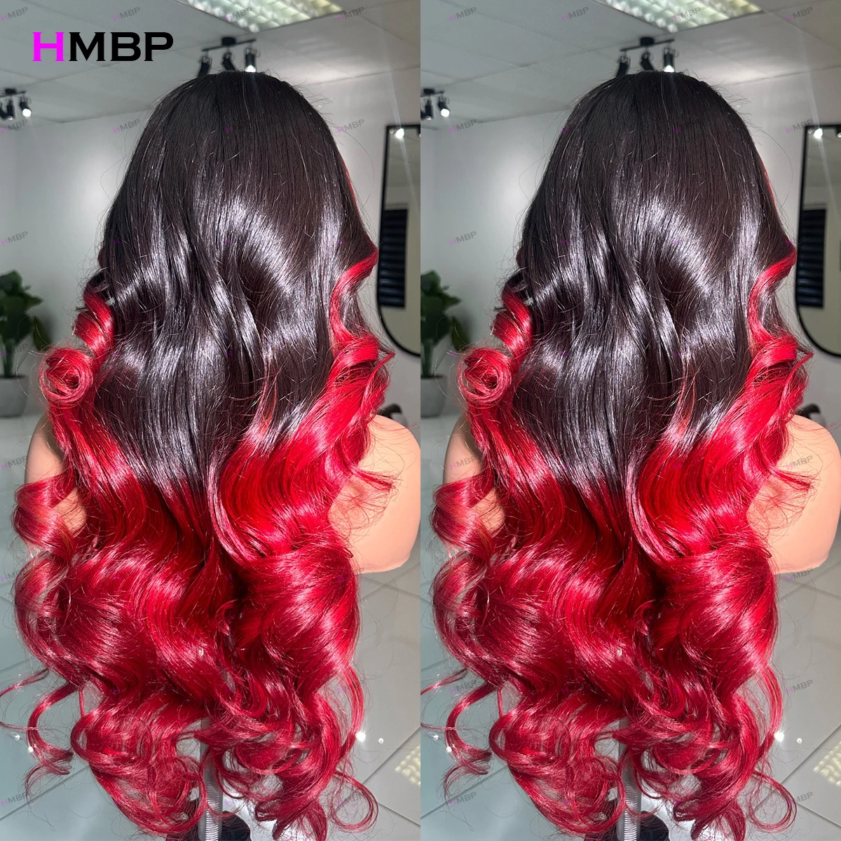 Ombre-rote Farbe, 13 x 6 HD-Spitze-Frontal-Perücke, leimlose Perücke, 400 Dichte, gewellte, farbige Echthaar-Perücke, vorgezupfte Lace-Front-Perücke Image