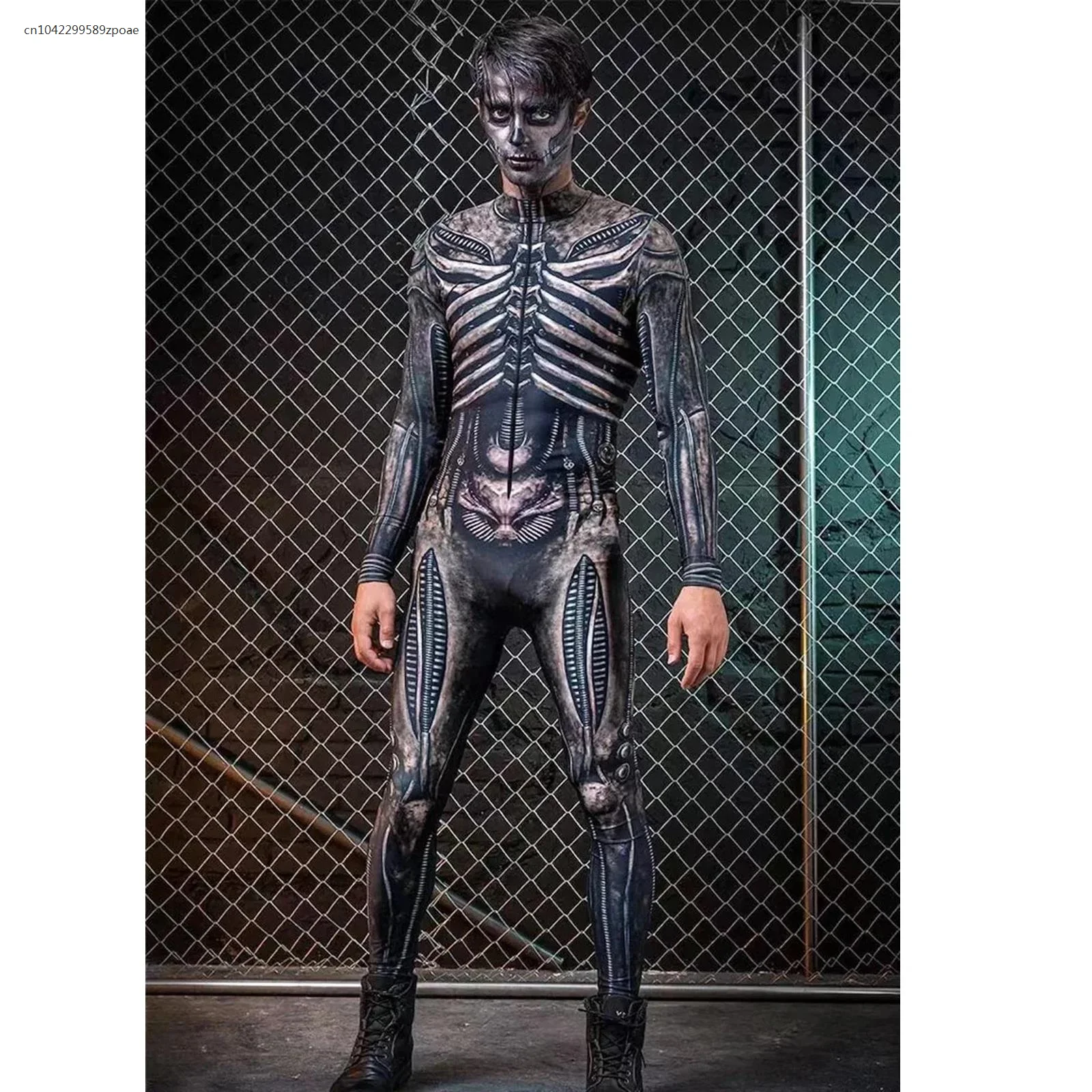 Mechanischer CyberPunk Catsuit Damen Herren Reißverschluss Overall Zentai 3D Body Halloween Skelett Cosplay Kostüm Elastischer Strampler Image
