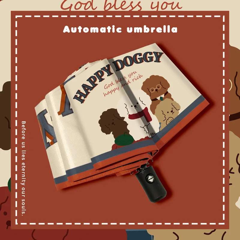 Amerikanischer Retro-Regenschirm mit fortgeschrittenem Sinn für Regen und Sonnenschein, Cartoon-Hund, zusammenklappbarer, automatisch zusammenklappbarer Sonnenschirm Image